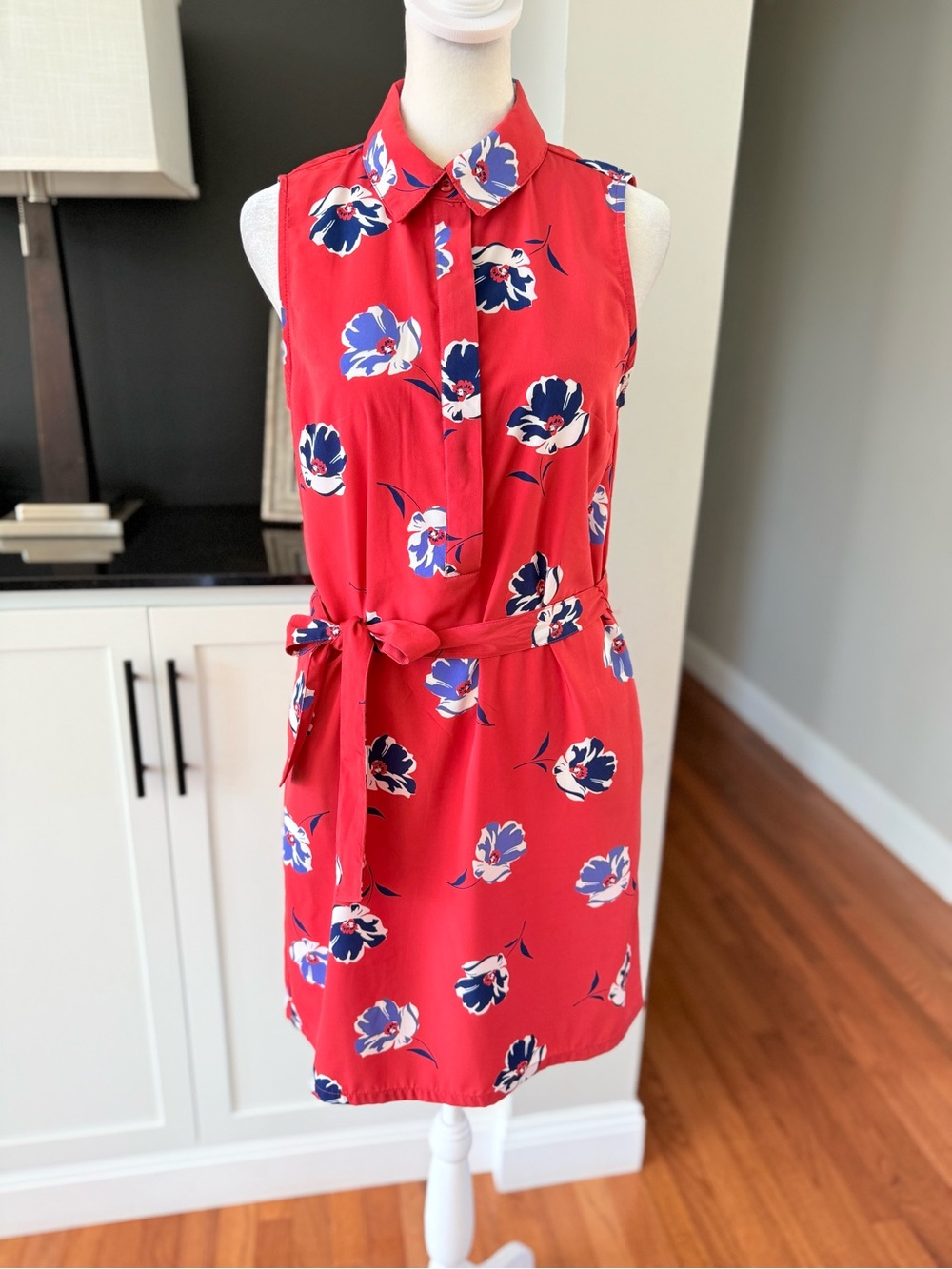 Banana Republic Red Sleeveless Floral Tie-Waist Dress